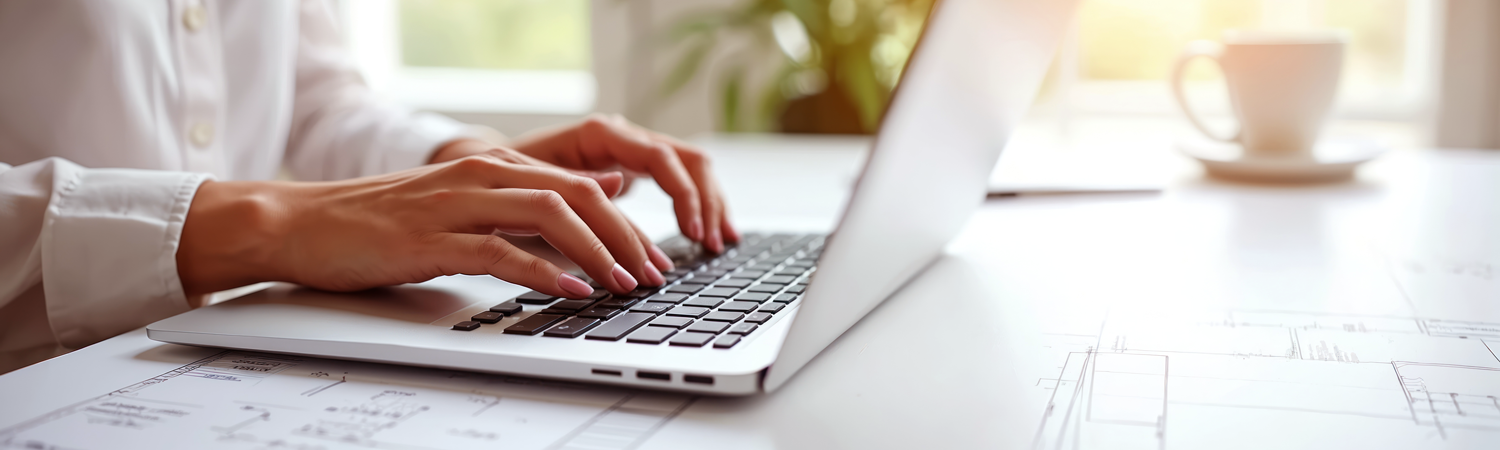 Frau arbeitet an Laptop mit Kaffeetasse im Hintergrund und Bauplänen.